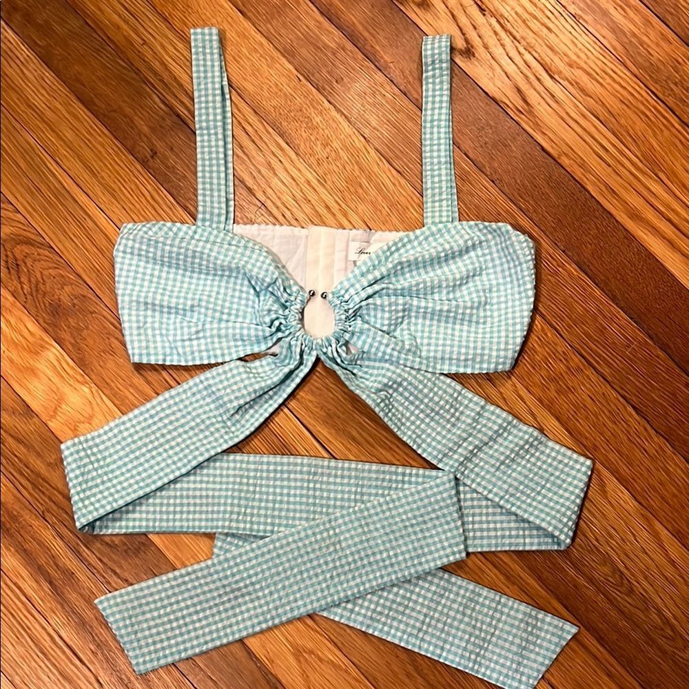 Lovers + Friends Jordan Cotton Crop Top – Teal Gingham Tie-Back, Size S
